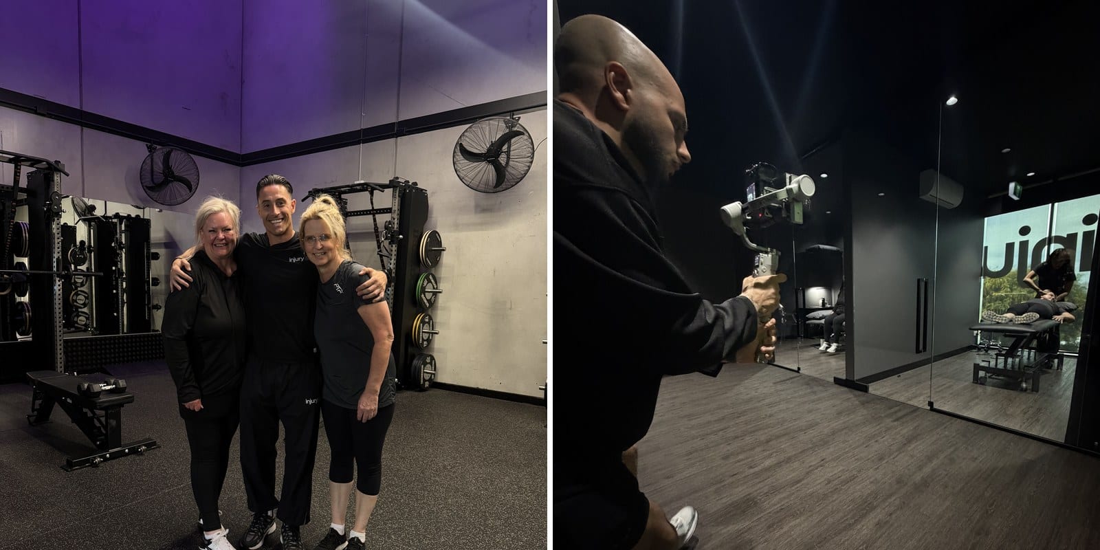 Craig with Deb and Nadia at Injury Active Clinic, and behind the scenes filming the next marketing campaign