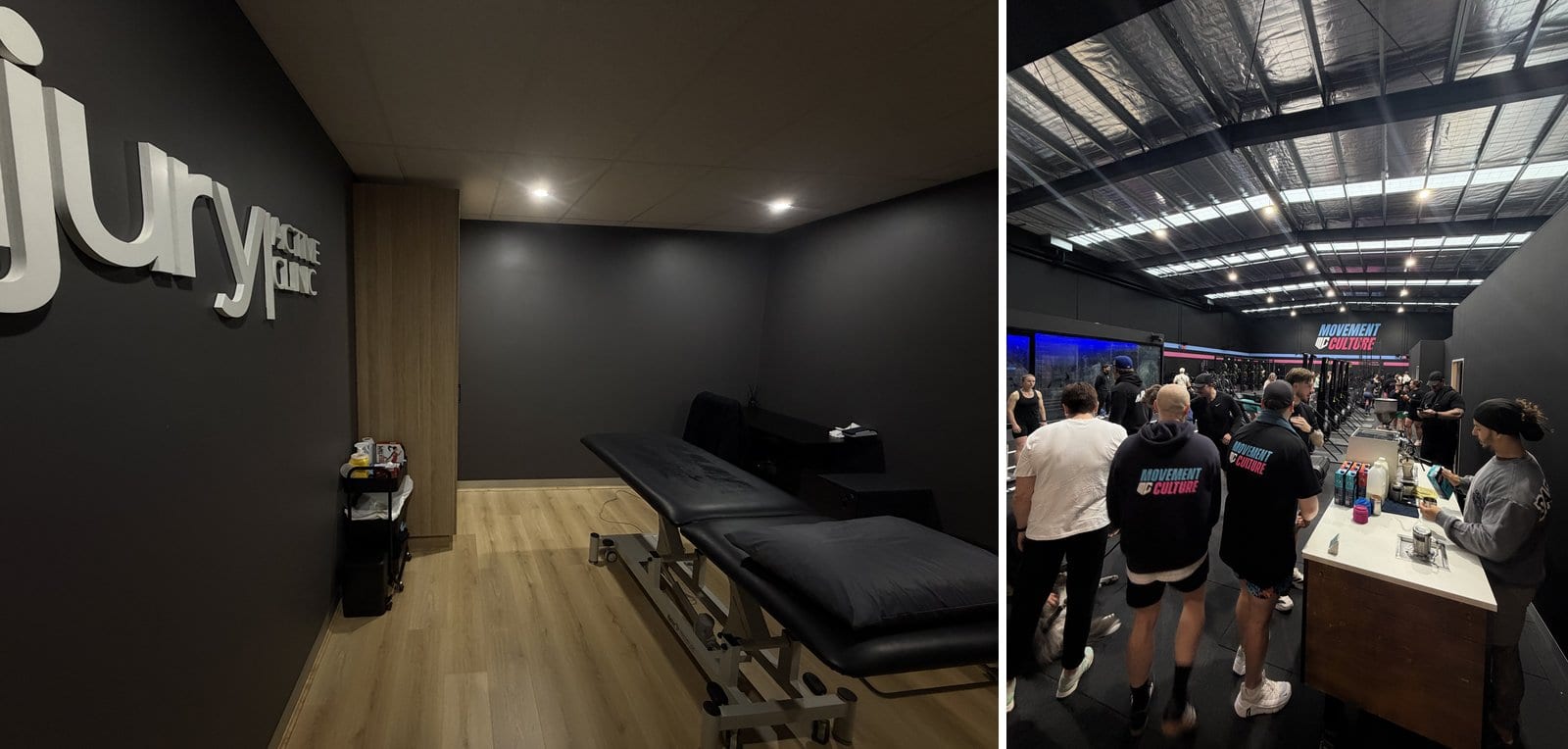 The Injury Active Clinic treatment room at Movement Culture, and members at Movement Culture's opening weekend