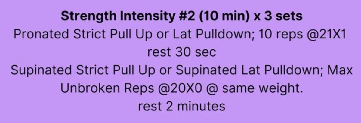 Strength intensity superset: pronated strict pull ups followed by max unbroken supinated pull ups