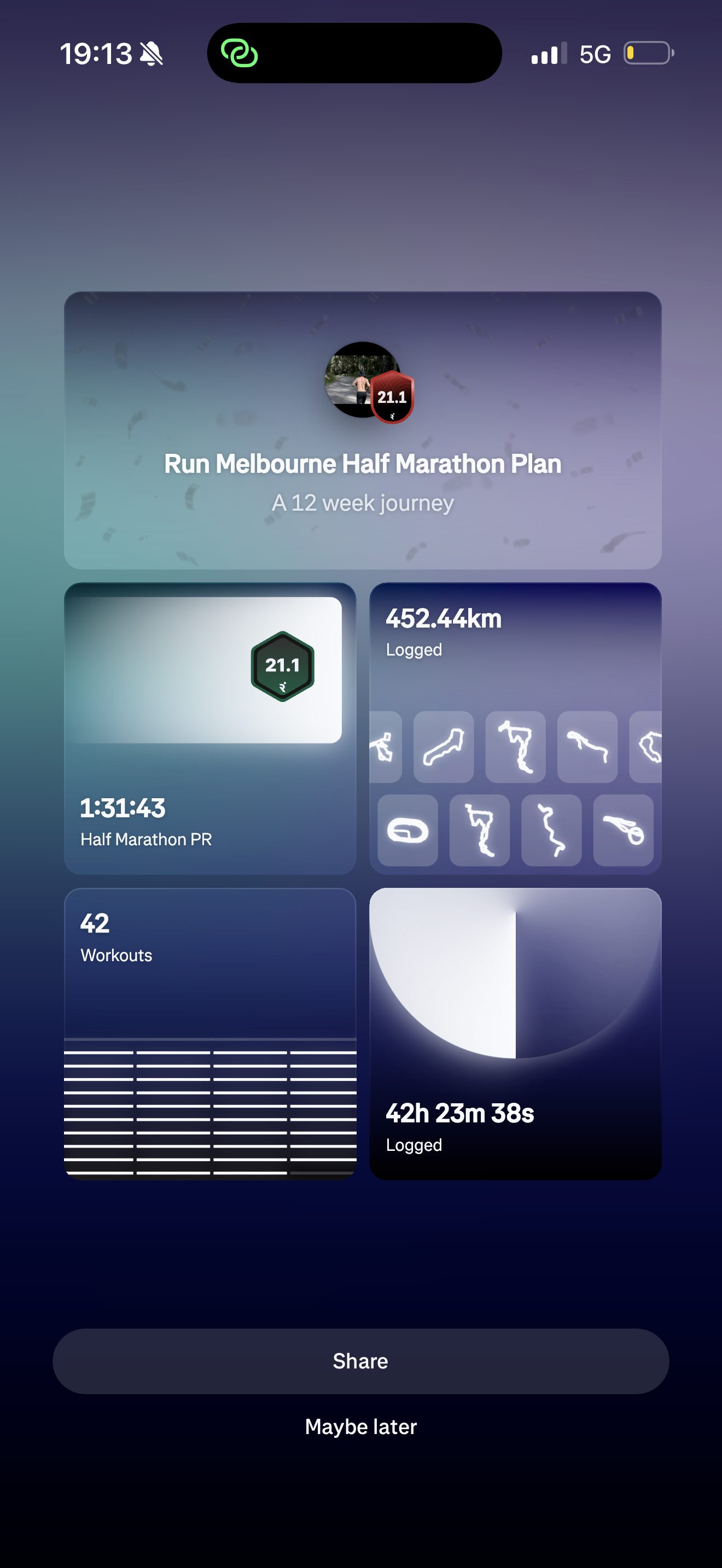 Craig's 12 week half marathon training block summary: 452 kilometres and 42 workouts logged