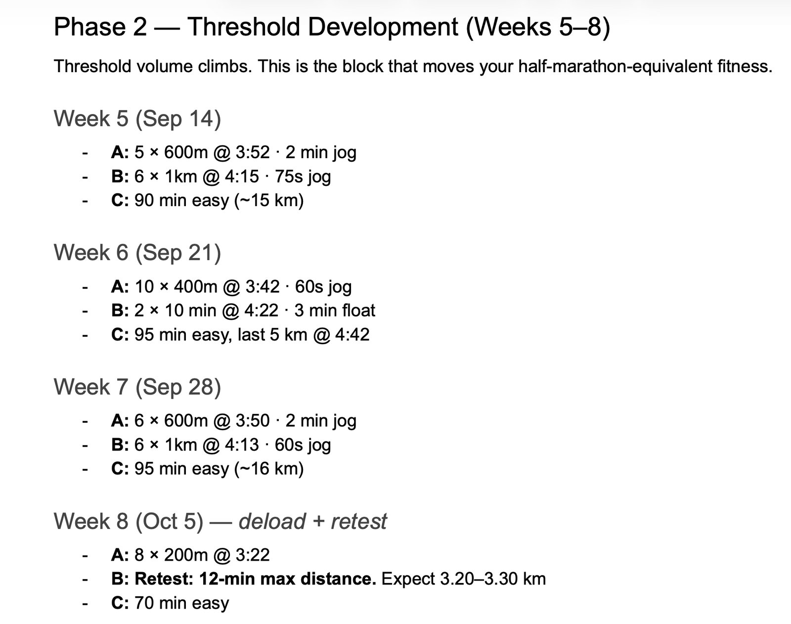 Craig's 12-week HYROX running programme, Phase 2 threshold development